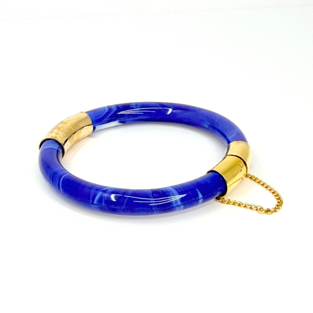 Vintage MCM Cobalt Blue Marbled Resin Bangle Gold Tone Hinge Statement Bracelet